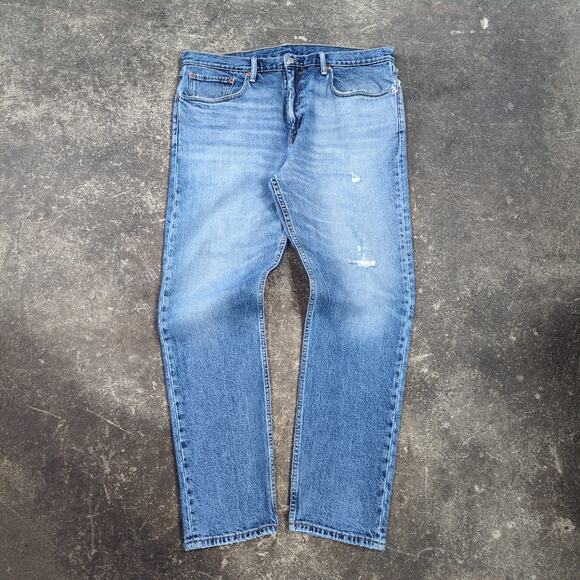 Distressed Levi's 502 Mens 36x32 Blue Jeans Pants Slim Light Faded Denim Stretch - Picture 1 of 10